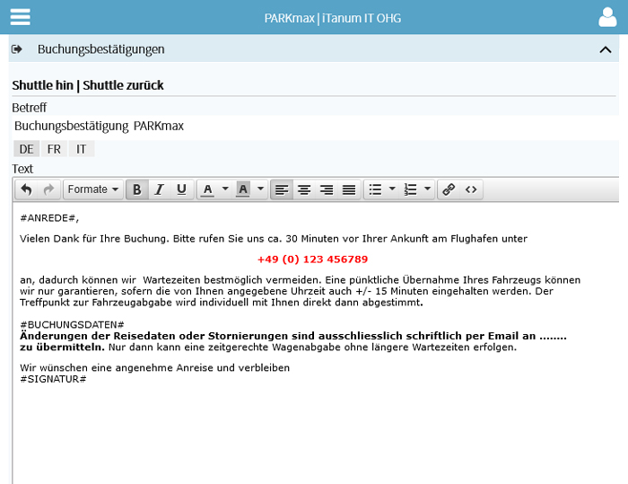 PARKmax® - E-Mail-Texte - Buchungsbestätigung