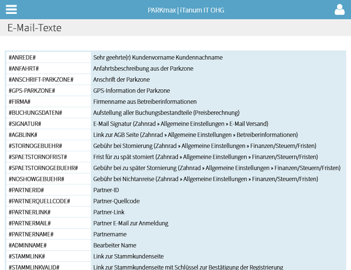 PARKmax® - E-Mail-Texte - Platzhalter