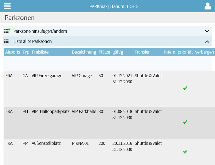 PARKmax® - Liste aller Parkzonen