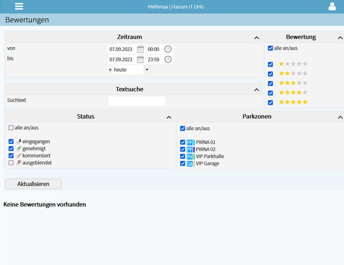 PARKmax® - Bewertungen Backend